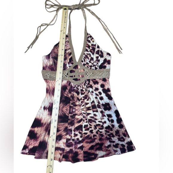 Sky Top Western Leopard Chic Leather Halter Top Strappy halter tie straps XS y2k - Picture 10 of 16